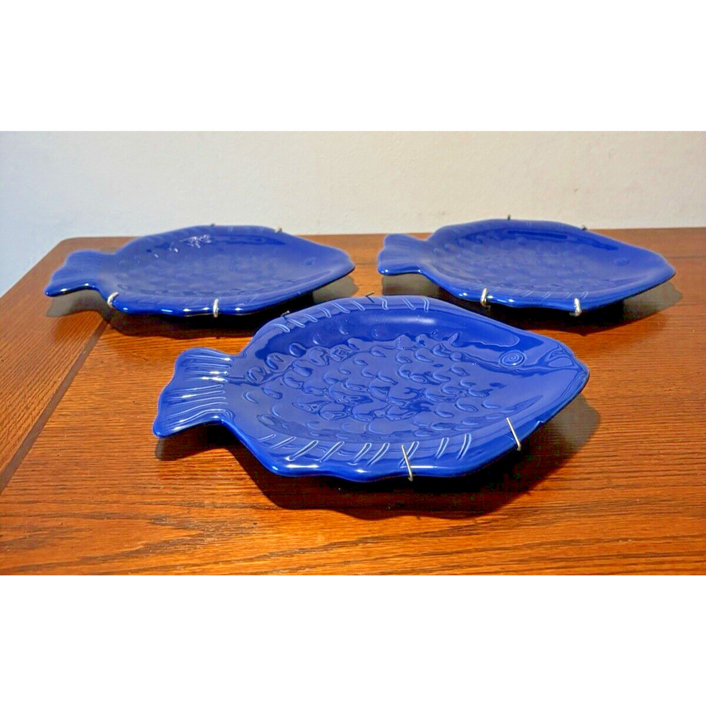 3 Home Studio Coastal Collection Fish-Shaped Blue Embossed Salad Plates or Decor